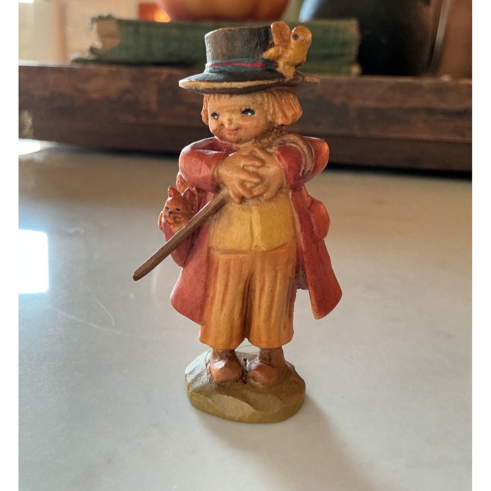 3" Ferrandiz Anri Wood Carved Figure Happy Wanderer Boy With Cat Bird - READ
